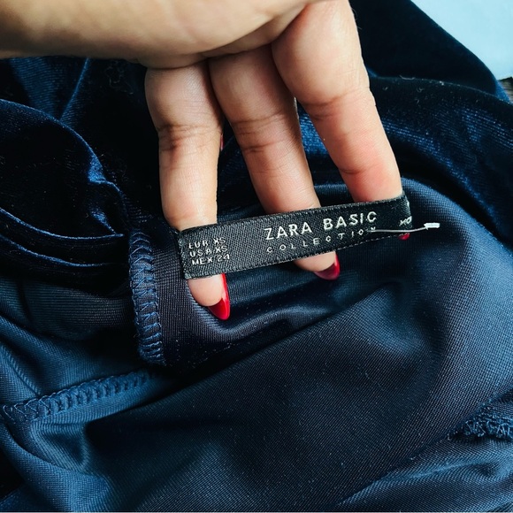 Zara Velvet Off Shoulder Top XS | Navy Long Sleeve Holiday Party Chic - Picture 5 of 5